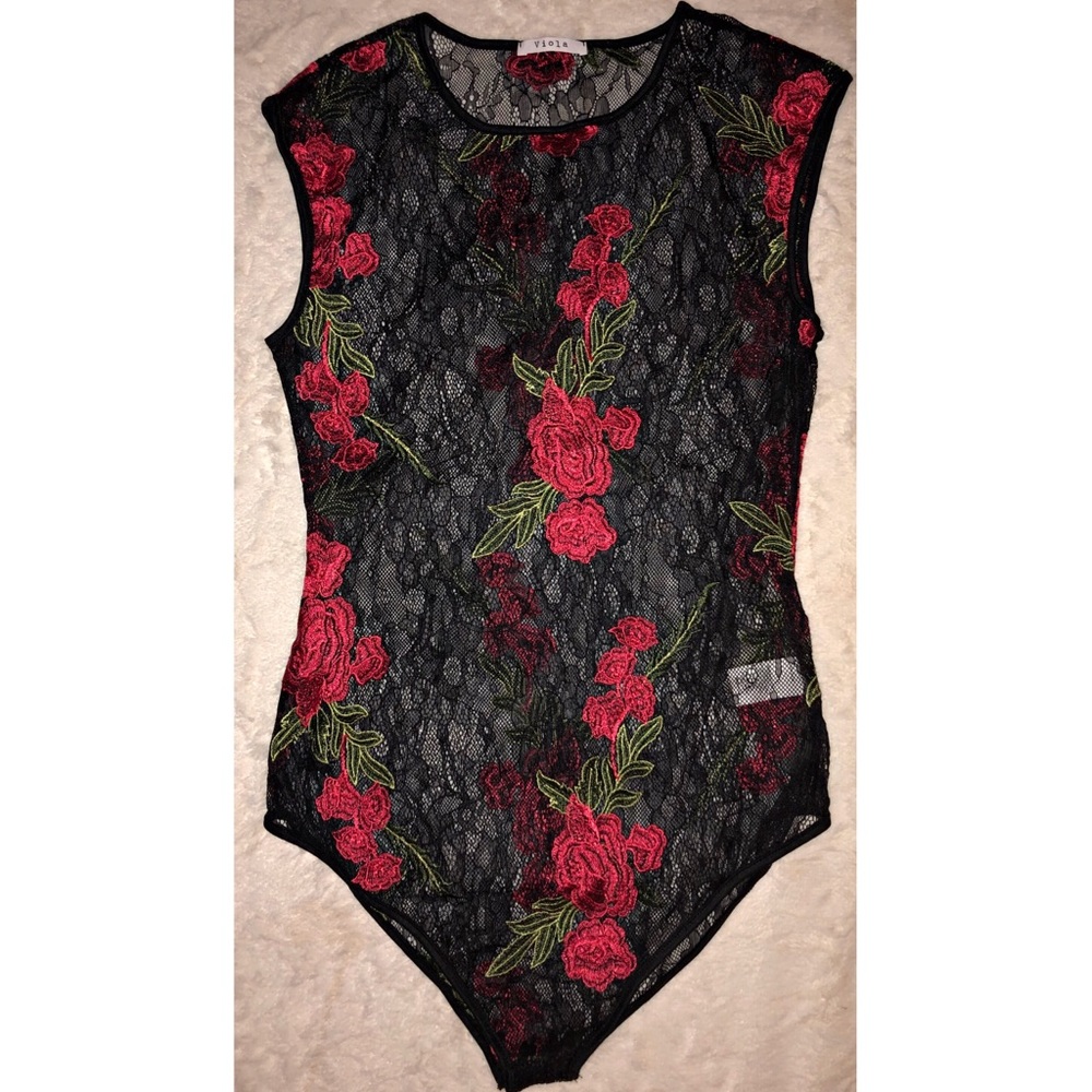 Black lace rose print body suit!